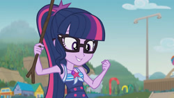 Size: 3410x1920 | Tagged: safe, imported from derpibooru, screencap, sci-twi, twilight sparkle, equestria girls, equestria girls series, friendship math, bare shoulders, beach, clothes, female, geode of telekinesis, glasses, high res, jewelry, magical geodes, necklace, one-piece swimsuit, ponytail, sci-twi swimsuit, sleeveless, smiling, solo, swimsuit