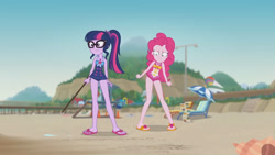 Size: 3410x1920 | Tagged: safe, imported from derpibooru, screencap, pinkie pie, sci-twi, twilight sparkle, equestria girls, equestria girls series, friendship math, bare shoulders, beach, beach chair, chair, clothes, female, geode of sugar bombs, geode of telekinesis, glasses, high res, jewelry, magical geodes, necklace, one-piece swimsuit, ponytail, sandals, sleeveless, smiling, swimsuit