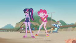 Size: 3410x1920 | Tagged: safe, imported from derpibooru, screencap, pinkie pie, sci-twi, twilight sparkle, equestria girls, equestria girls series, friendship math, bare shoulders, beach, beach chair, chair, clothes, female, geode of sugar bombs, geode of telekinesis, glasses, high res, jewelry, magical geodes, necklace, one-piece swimsuit, open mouth, ponytail, sandals, sleeveless, swimsuit