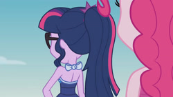 Size: 3410x1920 | Tagged: safe, imported from derpibooru, screencap, pinkie pie, sci-twi, twilight sparkle, equestria girls, equestria girls series, forgotten friendship, friendship math, back turned, bare shoulders, bareback, beach, clothes, duo, duo female, female, glasses, high res, jewelry, one-piece swimsuit, ponytail, sleeveless, swimsuit