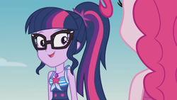 Size: 3410x1920 | Tagged: safe, imported from derpibooru, screencap, pinkie pie, sci-twi, twilight sparkle, equestria girls, equestria girls series, friendship math, bare shoulders, beach, clothes, cute, female, geode of telekinesis, glasses, high res, jewelry, magical geodes, necklace, one-piece swimsuit, open mouth, ponytail, sleeveless, swimsuit, twiabetes