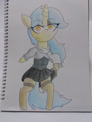 Size: 1548x2064 | Tagged: safe, artist:cherro, imported from derpibooru, oc, oc only, oc:viewing pleasure, pony, unicorn, bipedal, clothes, eyeshadow, female, goth, makeup, scarf, shirt, skirt, skirt lift, solo, traditional art