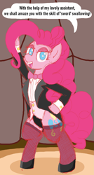 Size: 1879x3498 | Tagged: safe, artist:legendoflink, imported from derpibooru, part of a set, pinkie pie, earth pony, pony, bipedal, bowtie, circus, clothes, dialogue, female, fishnets, magician outfit, on hind legs, simple background, sketch, solo, standing up, tent