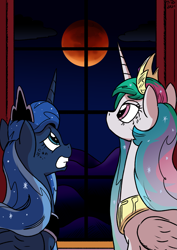 Size: 2171x3070 | Tagged: safe, artist:pony-berserker, imported from derpibooru, princess celestia, princess luna, alicorn, pony, blood moon, duo, eclipse, female, full moon, high res, lunar eclipse, mare, moon, royal sisters, siblings, sisters, window