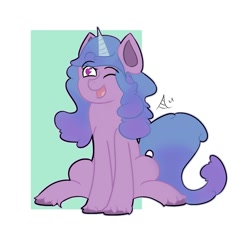 Size: 2000x2000 | Tagged: safe, artist:arthu, imported from derpibooru, izzy moonbow, pony, unicorn, eyebrows, eyebrows visible through hair, female, g5, heart eyes, high res, horn, mare, one eye closed, open mouth, open smile, sitting, smiling, solo, unshorn fetlocks, wingding eyes