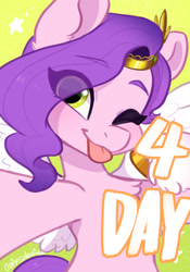 Size: 1260x1796 | Tagged: safe, artist:oofycolorful, imported from derpibooru, pipp petals, pegasus, pony, :p, adorapipp, chest fluff, countdown, cute, eye clipping through hair, g5, one eye closed, selfie, tongue out