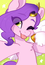 Size: 1260x1796 | Tagged: safe, alternate version, artist:oofycolorful, imported from derpibooru, pipp petals, pegasus, pony, :p, adorapipp, chest fluff, cute, eye clipping through hair, g5, one eye closed, selfie, tongue out