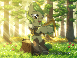 Size: 800x600 | Tagged: safe, artist:rangelost, imported from derpibooru, oc, oc only, oc:rhythm fruit, pony, unicorn, crepuscular rays, forest, musical instrument, solo, tree stump