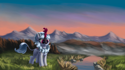 Size: 4000x2250 | Tagged: safe, artist:flusanix, imported from derpibooru, oc, oc only, oc:windshear, kirin, female, forest, high res, kirin oc, mountain, mountain range, scenery, smiling, solo, water