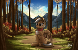 Size: 5100x3300 | Tagged: safe, artist:supermoix, imported from derpibooru, oc, oc only, oc:zugatti, pegasus, pony, autumn, beautiful, bush, clothes, cloud, coffee, commission, cottagecore, cute, dawn, forest, grass, hoof hold, lidded eyes, mountain, mug, outdoors, scarf, scenery, signature, sitting, sky, smiling, solo, spread wings, stars, steam, tree, wings