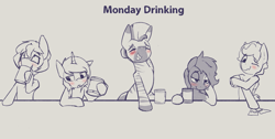 Size: 1653x835 | Tagged: safe, artist:triplesevens, imported from derpibooru, part of a set, oc, oc only, oc:cornetto, oc:kona, oc:longfolia, oc:short fuse, oc:triple sevens, zebra, alcohol, beer, blushing, drinking, drunk, male, ponybooru import, simple background, text