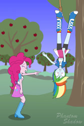 Size: 730x1095 | Tagged: safe, artist:phantomshadow051, imported from derpibooru, pinkie pie, rainbow dash, equestria girls, boots, clothes, hanging, laughing, pointing, rainbow socks, shoes, socks, striped socks, tree, upside down