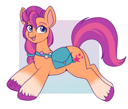 Size: 641x547 | Tagged: safe, artist:lulubell, imported from derpibooru, sunny starscout, earth pony, pony, bag, braid, colored hooves, g5, open mouth, pin, simple background, smiling, solo, unshorn fetlocks