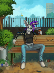 Size: 900x1200 | Tagged: safe, artist:lexx2dot0, imported from derpibooru, rarity, anthro, unguligrade anthro, unicorn, alternate hairstyle, bench, big ears, can, cigarette, clothes, cyrillic, female, jacket, jeans, leather jacket, pants, punk, raripunk, russian, solo, spread legs, spreading