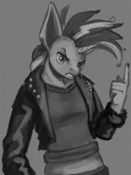 Size: 900x1200 | Tagged: safe, artist:lexx2dot0, imported from derpibooru, rarity, anthro, unicorn, alternate hairstyle, angry, clothes, female, grayscale, jacket, leather jacket, monochrome, pointing, punk, raripunk, solo