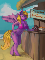 Size: 901x1200 | Tagged: safe, artist:lexx2dot0, imported from derpibooru, oc, oc only, oc:airily gale, anthro, pegasus, unguligrade anthro, beach, bikini, breasts, clothes, coconut, coconut cup, drinking straw, female, food, hand on hip, sexy, solo, swimsuit