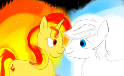 Size: 2600x1600 | Tagged: safe, artist:horsesplease, imported from derpibooru, double diamond, sunset shimmer, earth pony, pony, unicorn, equestria girls, catasterism, doubleset, female, fiery shimmer, fire, glowing, lidded eyes, looking at each other, male, night, night sky, red eyes, shipping, sky, smiling, stars, straight, sun, sunshine shimmer