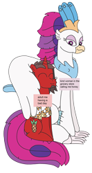 Size: 1739x3264 | Tagged: safe, alternate version, artist:supahdonarudo, derpibooru exclusive, imported from derpibooru, queen novo, oc, oc:ironyoshi, classical hippogriff, hippogriff, unicorn, my little pony: the movie, hug, meme, ponified meme, reference, sitting, snuggling, text, text box, winghug, wings