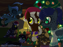 Size: 800x600 | Tagged: safe, artist:rangelost, imported from derpibooru, oc, oc only, oc:iavi darkstrider, oc:ieosi darkstrider, oc:midnight chisel, bat pony, pony, unicorn, bat pony oc, christmas, christmas tree, hat, holiday, present, santa hat, tree