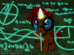 Size: 800x600 | Tagged: safe, artist:rangelost, imported from derpibooru, oc, oc only, oc:pilicious, pony, unicorn, glasses, glowing, glowing horn, grass, horn, math, pixel art, sitting, solo, unicorn oc