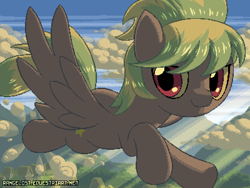 Size: 800x600 | Tagged: safe, artist:rangelost, imported from derpibooru, cloudchaser, pegasus, pony, cloud, crepuscular rays, flying, looking at you, pixel art, solo