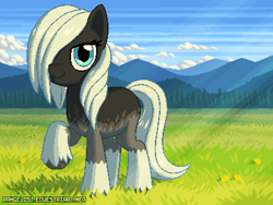 Size: 800x600 | Tagged: safe, artist:rangelost, imported from derpibooru, oc, oc only, earth pony, pony, female, grass, grass field, hair over one eye, looking at you, mountain, pixel art, scenery, solo