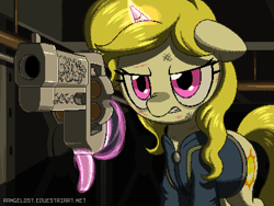 Size: 800x600 | Tagged: safe, artist:rangelost, imported from derpibooru, oc, oc only, oc:sunny days, pony, unicorn, fallout equestria, clothes, female, gun, hand, magic, magic hands, pixel art, solo, telekinesis, weapon