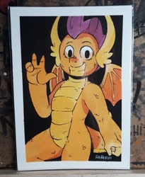 Size: 1876x2283 | Tagged: safe, artist:raph13th, imported from derpibooru, smolder, dragon, dragoness, female, looking at you, smiling, solo, spread wings, traditional art, watercolor painting, waving, wings