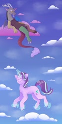 Size: 1890x3780 | Tagged: safe, artist:bl0ssombunny, imported from derpibooru, discord, starlight glimmer, draconequus, pony, unicorn, cloud, cotton candy, cotton candy cloud, cutie mark, duo, eyes closed, female, floating, food, high res, horn, levitation, looking down, lying down, magic, male, mare, on a cloud, self-levitation, sky, smiling, telekinesis