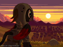 Size: 800x600 | Tagged: safe, artist:rangelost, imported from derpibooru, oc, oc only, oc:blacktalon, griffon, armor, griffon oc, pixel art, scenery, solo, sun, sunset, village