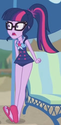 Size: 702x1423 | Tagged: safe, imported from derpibooru, screencap, sci-twi, twilight sparkle, equestria girls, equestria girls series, friendship math, bare shoulders, beach, clothes, cropped, female, glasses, one-piece swimsuit, open mouth, sandals, shocked, sleeveless, solo, swimsuit
