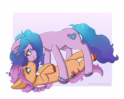 Size: 4961x3957 | Tagged: safe, artist:shallowwin, imported from derpibooru, izzy moonbow, sunny starscout, earth pony, pony, unicorn, bedroom eyes, boop, bracelet, cute, duo, female, g5, izzybetes, izzyscout, jewelry, lesbian, looking at each other, lying down, noseboop, on back, shipping, sunnybetes, unshorn fetlocks