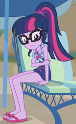 Size: 933x1504 | Tagged: safe, imported from derpibooru, screencap, sci-twi, twilight sparkle, equestria girls, equestria girls series, friendship math, bare shoulders, beach, clothes, cropped, female, glasses, one-piece swimsuit, sandals, sitting, sleeveless, solo, swimsuit