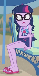 Size: 740x1442 | Tagged: safe, imported from derpibooru, screencap, sci-twi, twilight sparkle, equestria girls, equestria girls series, friendship math, arm rub, bare shoulders, clothes, cropped, female, glasses, one-piece swimsuit, open mouth, sandals, shrunken pupils, sitting, sleeveless, solo, surprised, swimsuit