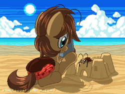 Size: 800x600 | Tagged: safe, artist:rangelost, imported from derpibooru, oc, oc only, oc:general scuttles, bug pony, insect, pony, beach, sandcastle, solo