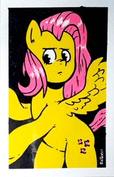 Size: 962x1490 | Tagged: safe, artist:raph13th, imported from derpibooru, fluttershy, pegasus, pony, female, frown, looking at you, mare, marker drawing, solo, spread wings, traditional art, turned head, wings