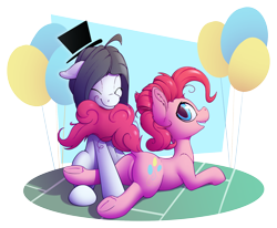 Size: 1280x1054 | Tagged: safe, artist:senaelik, imported from derpibooru, pinkie pie, oc, oc:hattsy, earth pony, pony, balloon, butt, female, lying down, mare, plot, prone, simple background, transparent background