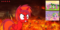 Size: 1280x640 | Tagged: safe, artist:mlpfan3991, imported from derpibooru, oc, oc:flare spark, earth pony, pegasus, pony, angry, baby, baby pony, bone, female, hell, mare, newborn cuties, rant, review, skeleton, volcano