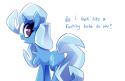 Size: 3400x2200 | Tagged: safe, artist:nekosnicker, imported from derpibooru, trixie, pony, unicorn, chest fluff, dialogue, high res, looking at you, looking back, solo, vulgar