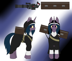 Size: 4000x3399 | Tagged: safe, artist:rorrek, imported from derpibooru, oc, oc:lacunae, alicorn, pony, fallout equestria, fallout equestria: project horizons, bandolier, clothes, coffin, fanfic art, gradient background, minigun, nun, reference sheet, robe