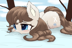 Size: 3600x2400 | Tagged: safe, artist:ahobobo, imported from derpibooru, oc, oc only, oc:frosty flakes, earth pony, pony, cute, ear fluff, female, fluffy, high res, looking away, lying down, outdoors, prone, snow, snow mare, solo, sweet dreams fuel, three quarter view, yakutian horse