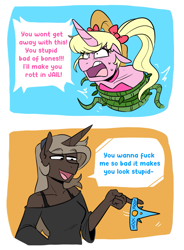 Size: 909x1234 | Tagged: safe, artist:redxbacon, imported from derpibooru, oc, oc:eureka, oc:parch well, anthro, unicorn, angry, bondage, dialogue, hairband, horn, jewelry, pigtails, speech bubble, text, tiara, vine, vine bondage