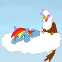 Size: 400x400 | Tagged: safe, artist:kushina13, imported from derpibooru, gilda, rainbow dash, griffon, pegasus, pony, butt, cloud, duo, eyes closed, female, folded wings, gradient background, laughing, lying down, lying on a cloud, mare, on a cloud, open mouth, open smile, plot, sky, smiling, tail, wings