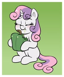 Size: 1600x1932 | Tagged: safe, artist:heretichesh, imported from derpibooru, sweetie belle, pony, unicorn, bell pepper, blank flank, blushing, cute, diasweetes, eating, eyes closed, female, filly, food, gradient background, herbivore, hoof hold, name pun, pepper, solo