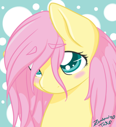 Size: 1100x1200 | Tagged: safe, artist:zombietator, imported from derpibooru, fluttershy, pegasus, pony, blushing, bust, cute, daaaaaaaaaaaw, eyebrows, eyebrows visible through hair, eyelashes, female, mare, polka dot background, portrait, shyabetes, signature, smiling, solo, stray strand, three quarter view