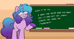 Size: 2048x1098 | Tagged: safe, artist:kittyrosie, edit, imported from derpibooru, izzy moonbow, pony, unicorn, chalkboard, exploitable meme, eyes closed, g5, glasses, meme, text