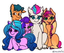 Size: 983x813 | Tagged: safe, artist:d0ofu5, imported from ponybooru, hitch trailblazer, izzy moonbow, pipp petals, sunny starscout, zipp storm, g5, group shot, mane five (g5)