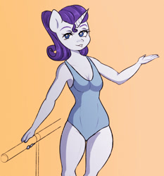 Size: 1191x1280 | Tagged: safe, artist:0blackster, imported from derpibooru, rarity, anthro, unicorn, breasts, busty rarity, clothes, digital art, female, horn, looking at you, one-piece swimsuit, simple background, solo, swimsuit, tail, thighs