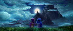 Size: 4094x1713 | Tagged: safe, imported from derpibooru, screencap, izzy moonbow, sunny starscout, earth pony, pony, unicorn, spoiler:my little pony: a new generation, cloud, full moon, g5, grass, moon, mountain, my little pony: a new generation, night, official