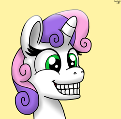 Size: 1609x1576 | Tagged: safe, artist:darkyboode32, imported from derpibooru, sweetie belle, pony, unicorn, bust, cute, diasweetes, female, filly, grin, happy, simple background, smiling, solo, teeth